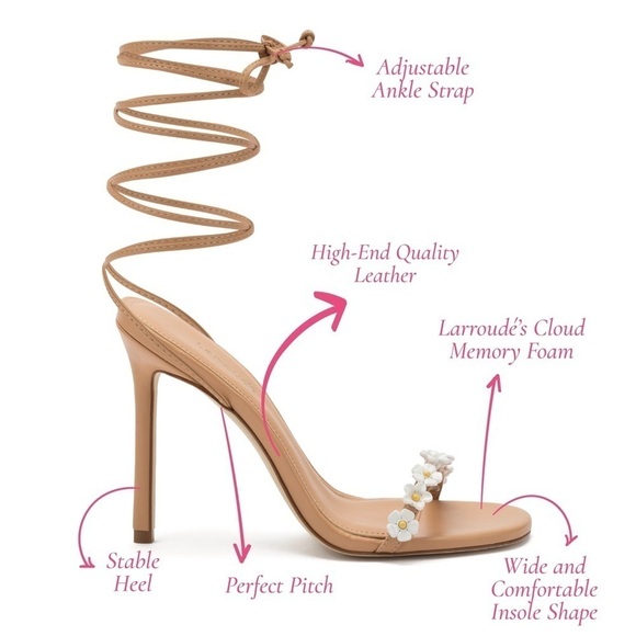 NWOB, Larroudé Goldie 95MM Flower Appliqué Tan Leather Lace-Up Heeled Sandals 7 - Picture 9 of 11
